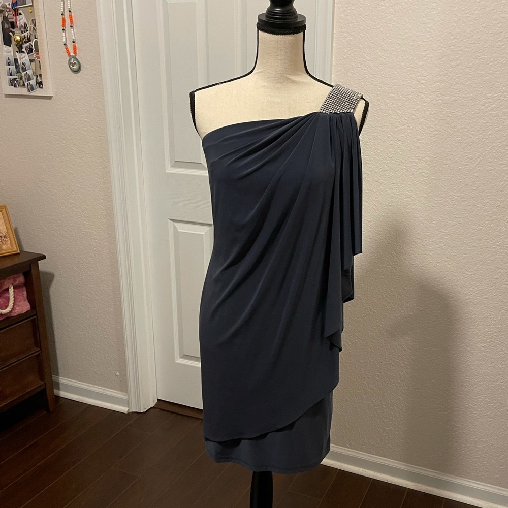 Cache - Gray - One shoulder knee length dress- size 4 with rhinestone sleeve.